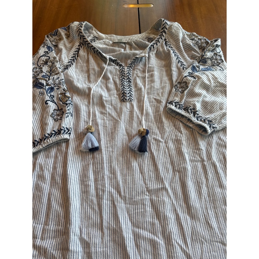 J. Jill Blue White Striped Embroidered Tassel Peasant Dress Medium Boho Cotton